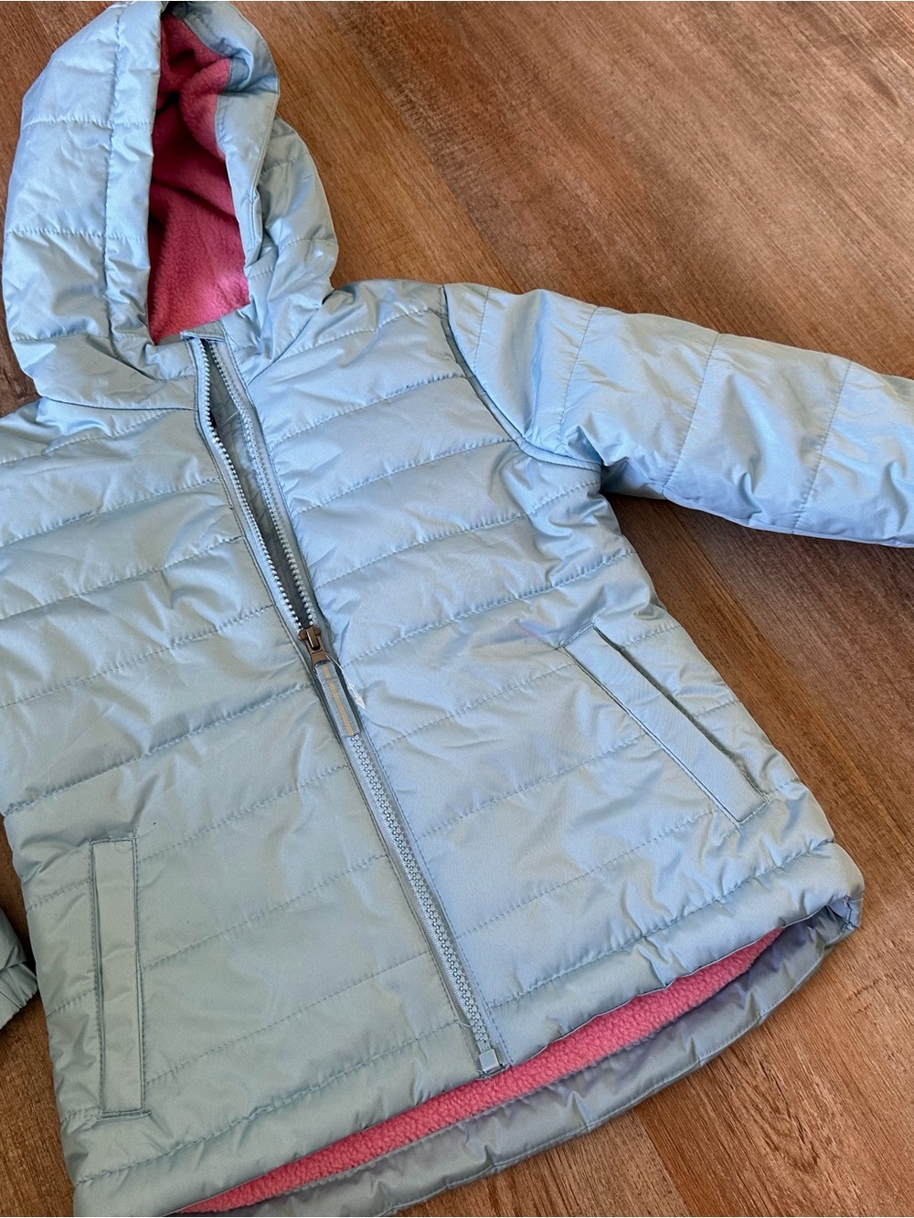 Kids Light Blue Hooded Puffer Jacket with Pink Lining